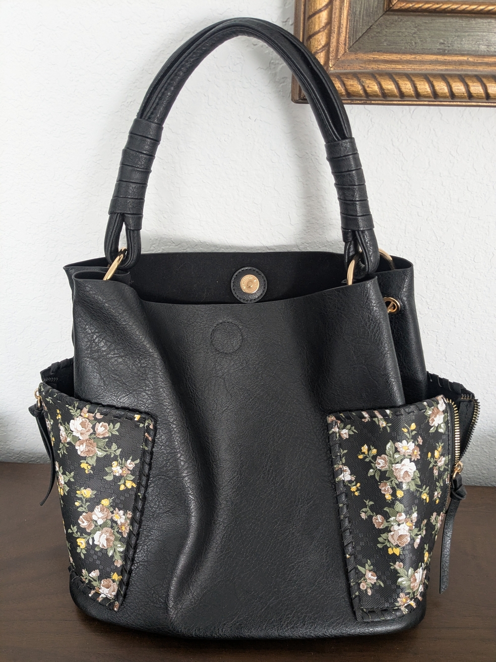 Black Floral Accent Tote Handbag